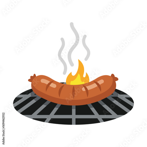 Grilled sausage on a barbecue grill with flames and smoke.