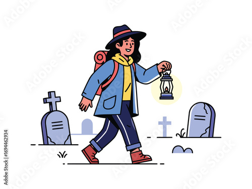 A cartoon illustration of a person with a backpack and hat walking through a graveyard at night, holding a lit lantern.
