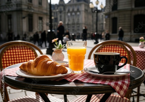 A Classic European Cafe Breakfast with Croissant and Coffee