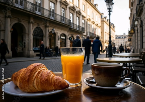 A European Cafe Breakfast with Croissant and Coffee