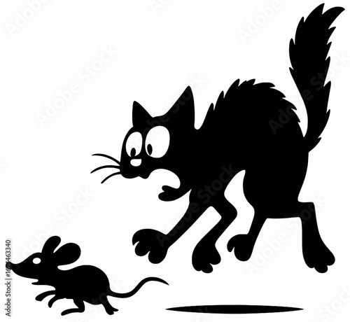 Funny Cat Chasing Mouse Silhouette Cartoon Vector