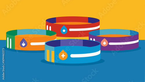 Family Tracker Several different wristbands on a table each in various colors representing different family members with personalized hydration goals displayed on each device.