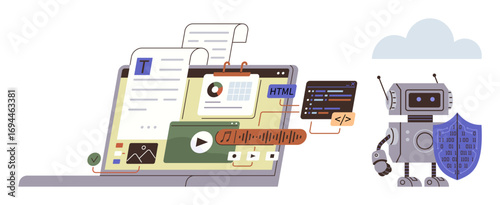 Wallpaper Mural Laptop displaying web development tools, AI robot holding cybersecurity shield, showcasing coding, HTML, analytics, media integration, and cloud computing. Ideal for technology, automation AI Torontodigital.ca