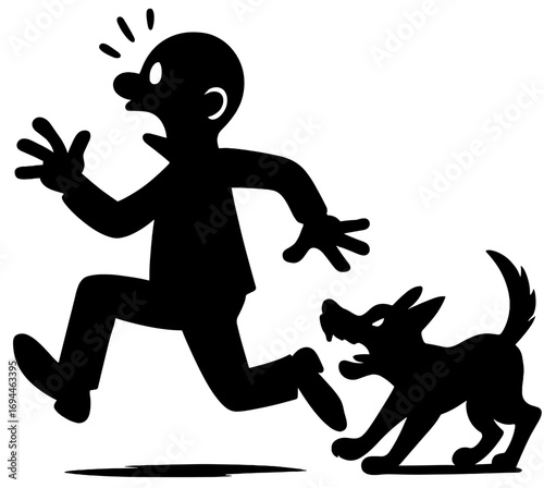 Funny Silhouette of Man Chased by Dog Cartoon Illustration