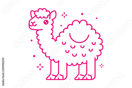 Stylized fluffy llama stands, outlined in magenta, amidst stars and dots on white background