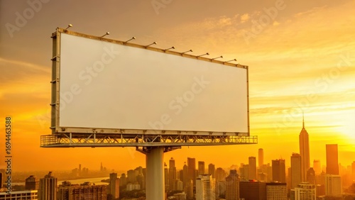 A blank white billboard with a city skyline at sunset