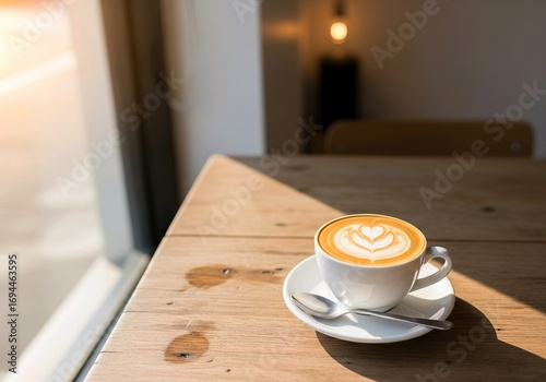 A Perfect Morning: Latte on a Sunny Wooden Table