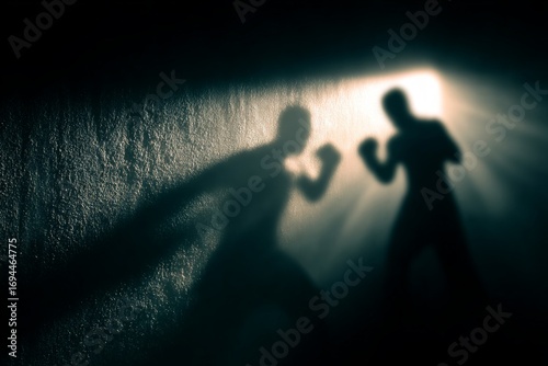 Two boxers are training, silhouetted against a dramatically lit wall