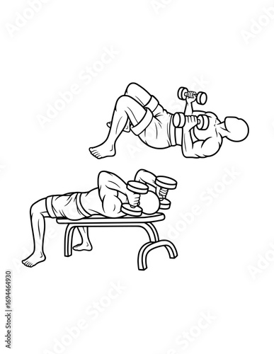 muscle male dumbbell gym sport training line art, hand drawn, sketch illustration