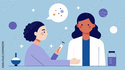 Consultation Scene A vector showing a consultation scene where a skincare professional discusses the treatment plan with a patient with visuals of microneedling and exosome logos
