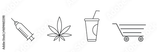 Syringe injection, cannabis leaf soda drink shopping cart icon vector illustration for substance abuse, unhealthy habits and consumer addiction concept.