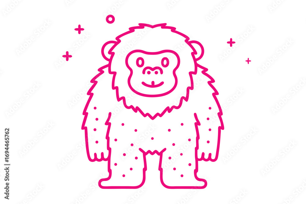 Fototapeta premium Stylized pink Yeti stands outlined amidst geometric shapes on a white backdrop