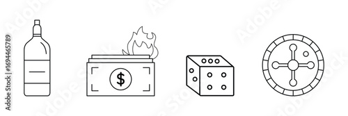 Alcohol bottle, money burning gambling addiction roulette icon vector illustration for risky behavior, financial loss and unhealthy lifestyle concept.