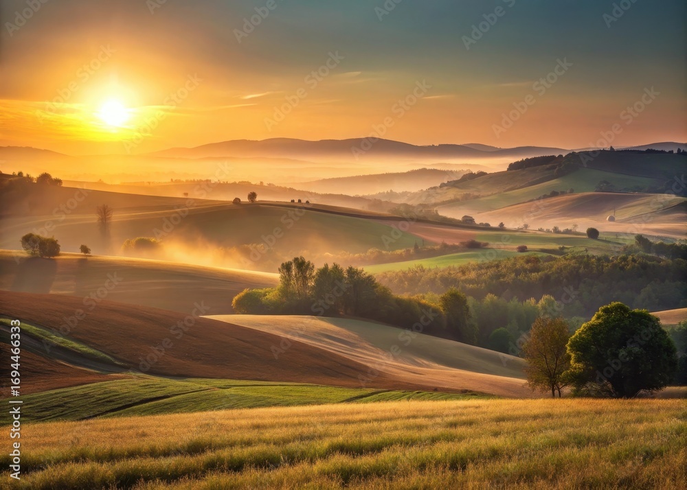 Fototapeta premium Dawn breaking over rolling hills and fields in rural Poland landscape