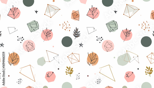 Abstract Geometric Shapes and Watercolor Splashes Pattern.