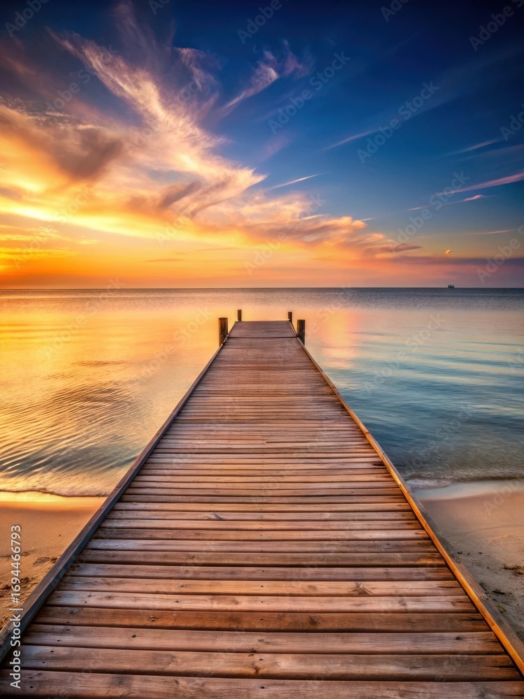 Naklejka premium Wooden dock on the beach at sunset