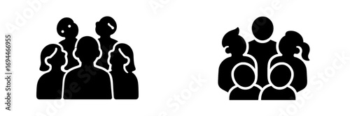 Set of black silhouette icons representing a group of people, community, team, or social gathering for user interface design