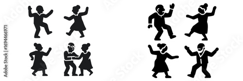 Senior couple dancing icons set black silhouettes of elderly people having fun at a party or celebration isolated on white
