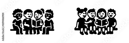 A diverse group of young children sitting together on a park bench reading a storybook for education and friendship concepts