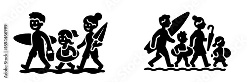Family on summer beach vacation walking with surfboard and umbrella black silhouette icon set for travel and leisure concepts