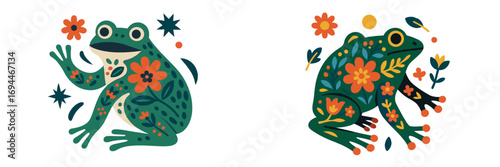 Stylized folk art frogs with intricate floral and botanical decorations, a set of two colorful amphibians in a decorative graphic style
