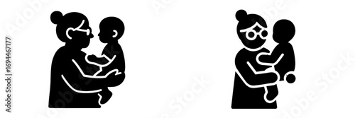 Grandmother holding a baby in her arms black glyph icon set for family and childcare concepts, senior woman with grandchild silhouette symbol for love and generations
