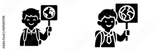 Black glyph icon set of a school boy student holding a sign with a globe symbol for environmental awareness and education