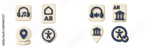 3D icon set for user interface design featuring augmented reality, audio guide, museum location, and accessibility symbols