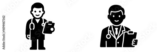 Doctor icon set with stethoscope and clipboard for medical and healthcare applications, black glyph symbol on a white background