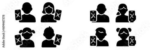 Set of black glyph icons showing a family with broken smartphones needing repair service for a cracked screen