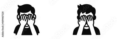 Minimalist black and white icon set of a person covering their eyes with hands representing shame fear or sadness