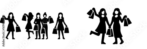 Collection of black silhouette icons depicting happy women and friends carrying shopping bags after a successful retail therapy day
