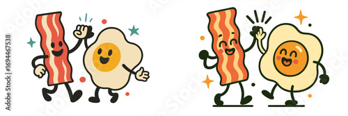 Retro cartoon mascot characters of a happy bacon strip and a fried egg walking and giving a high five in a vintage style