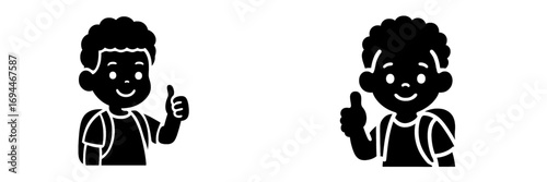 Smiling young boys with backpacks showing a positive thumbs up gesture, expressing approval and happiness and success