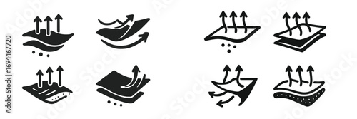 Breathable fabric and material properties icon set showing ventilation, air circulation, and layered textile features