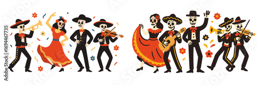 Cartoon skeletons dressed as mariachi musicians and Catrina dancers celebrating the Mexican holiday Dia de los Muertos with music and dance