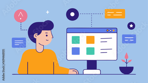 Dynamic Interface Changes A user customizing their interface on a monitor while icons and menu layouts adjust automatically based on eye position and movements.