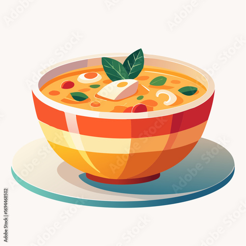 Delicious Vegetable Soup in Orange Striped Bowl
