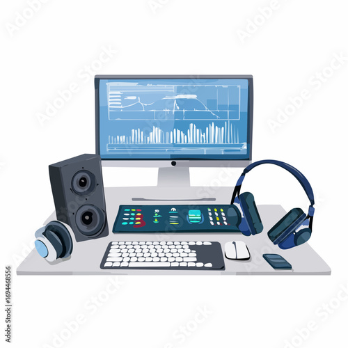 Modern audio production setup with monitor, keyboard, speakers, and headphones for creative professionals