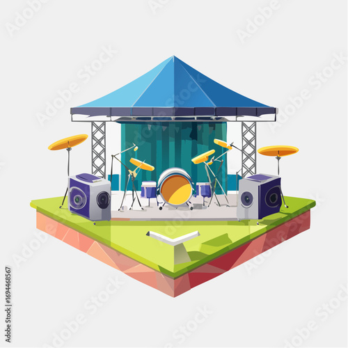 Vibrant stage setup with drum kit, speakers, and cymbals ready for a dynamic live music performance