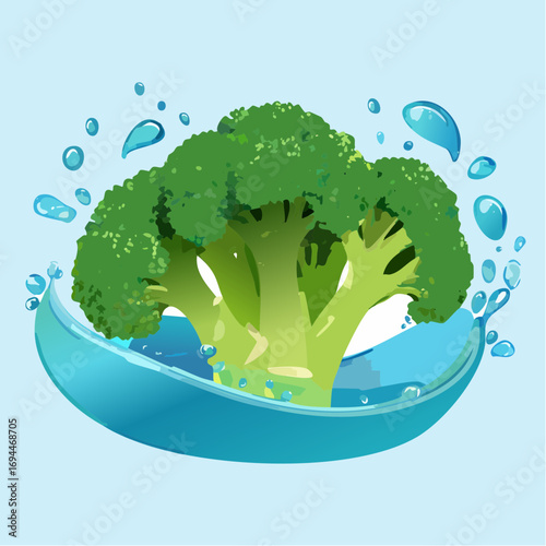 Fresh Green Broccoli in Water Splash