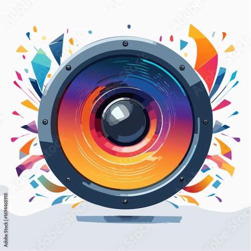 Vibrant speaker blasting colorful sound waves and abstract geometric shapes for energetic music events