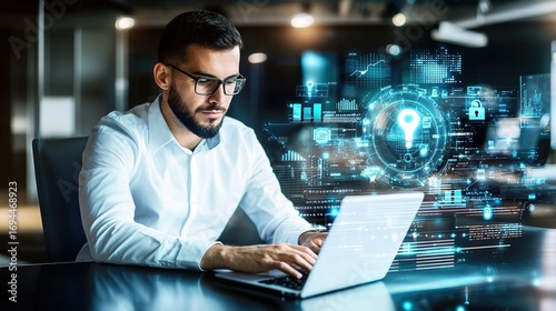 Modern office workspace featuring abstract data visualizations on glowing screens.