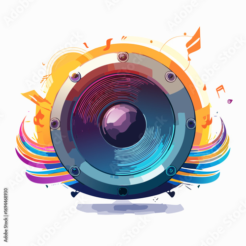 Dynamic speaker blasting vibrant music with colorful sound waves and musical notes in a lively celebration