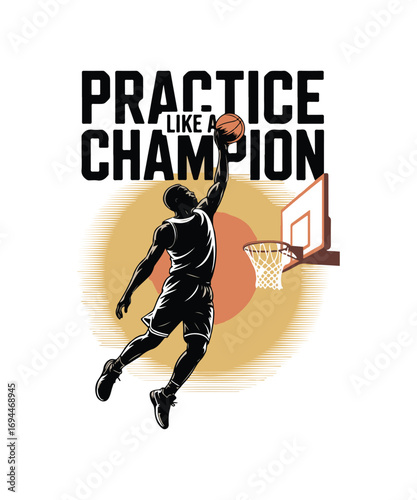 Basketball T-shirt design, basketball player silhouette, slam dunk, dribbling, sports typography, retro vintage basketball artwork, streetwear graphic design, trendy athletic apparel vector art