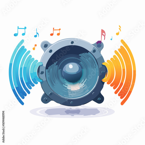 Dynamic speaker blasting vibrant sound waves and colorful musical notes, perfect for audio promotions
