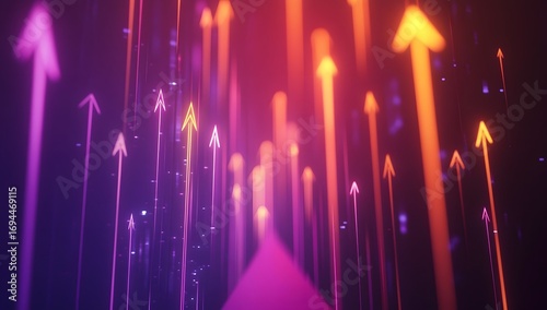 Abstract background with glowing arrows growing upwards, a stock market or business growth concept. Digital rendering of an arrow pointing up on a line graph rising to the top,