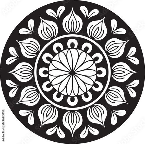 Ornate Mandala Design in Black and White. This symmetrical black and white mandala design features intricate floral patterns, perfect for coloring books, backgrounds, logos, or digital art.