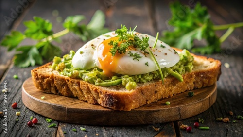 Artisanal avocado spread on toasted sourdough bread with a perfectly poached egg and fresh herbs