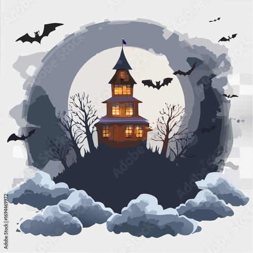 Spooky haunted mansion under a full moon with flying bats and eerie clouds, perfect for Halloween celebrations
